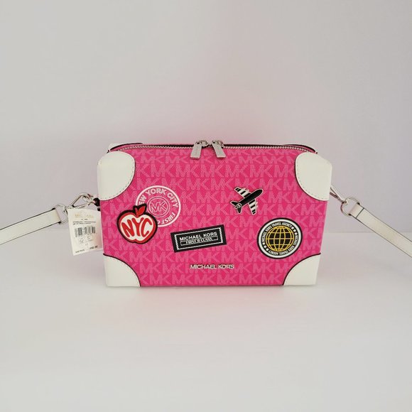 Michael Kors Jeanie Small EW Trunk Crossbody Travel Agency MK Logo Dragonfruit - Picture 1 of 7